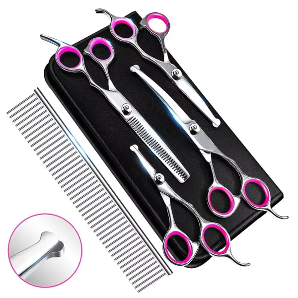 7" Professional Dog Grooming Scissors Set Straight Curved Thinning Shear 6pcs - Image 2